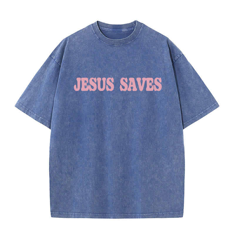 Christianartworkshop Unisex-T-Shirt „Jesus Saves“, gewaschen - image 10