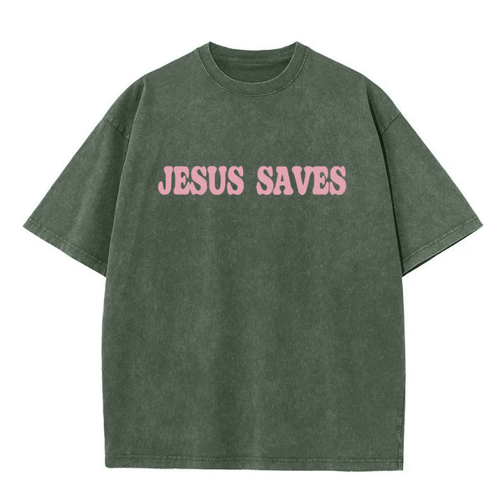 Christianartworkshop Unisex-T-Shirt „Jesus Saves“, gewaschen - image 1