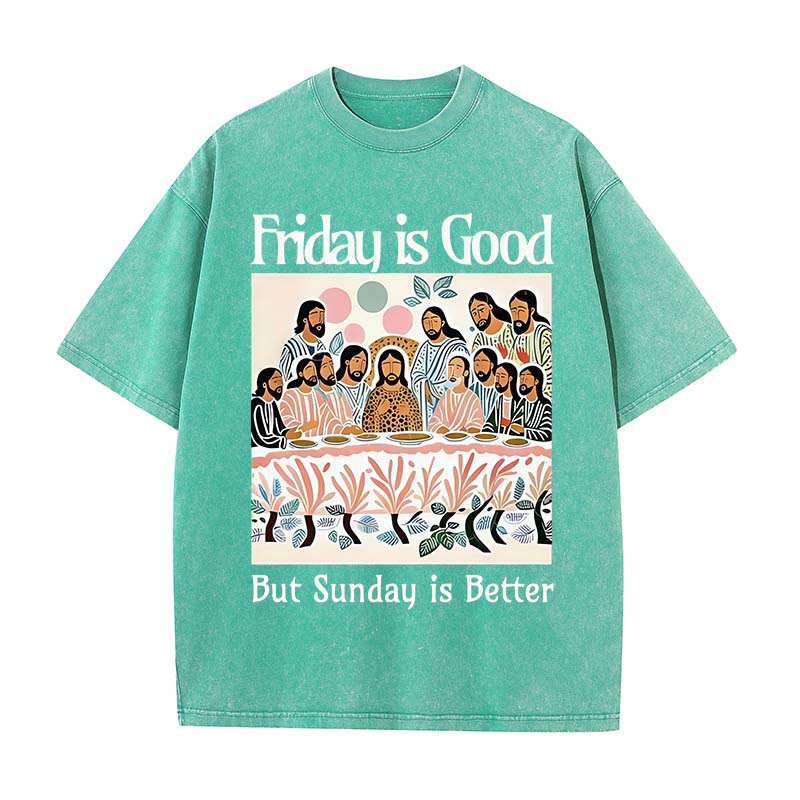 Christianartworkshop – T-Shirt „Friday Is Good“ in bunter Waschung