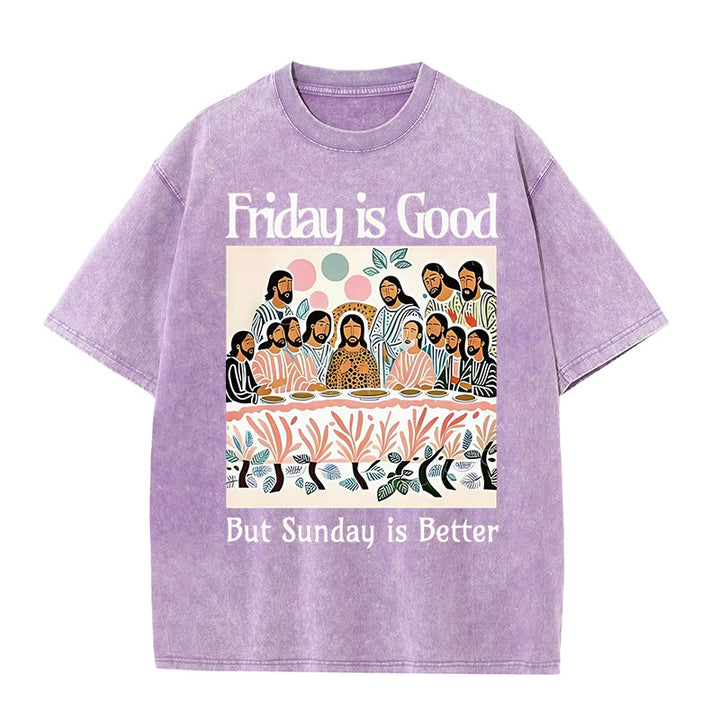 Christianartworkshop – T-Shirt „Friday Is Good“ in bunter Waschung