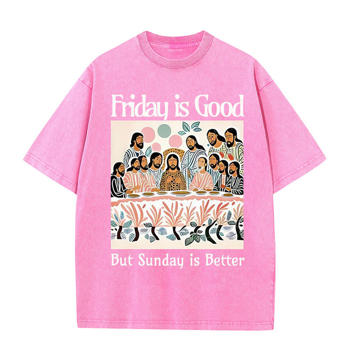 Christianartworkshop – T-Shirt „Friday Is Good“ in bunter Waschung - Rosa - 5XL - image 7