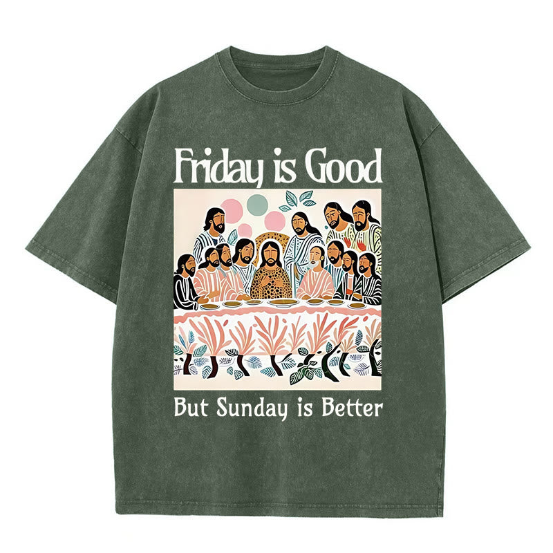 Christianartworkshop – T-Shirt „Friday Is Good“ in bunter Waschung - Armeegrün - 5XL - image 8