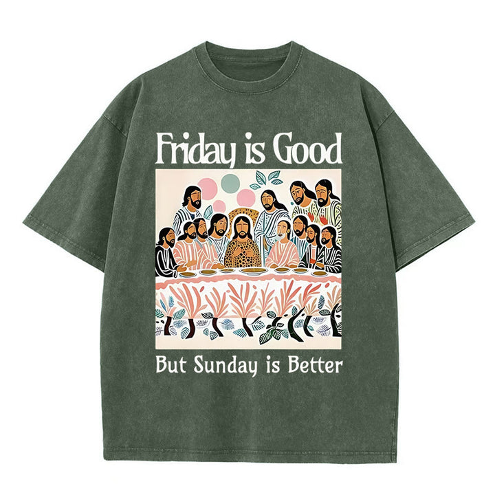 Christianartworkshop – T-Shirt „Friday Is Good“ in bunter Waschung - Armeegrün - 5XL - image 8