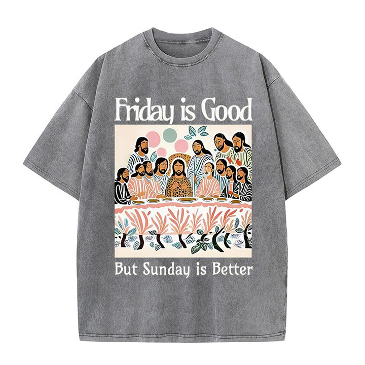 Christianartworkshop – T-Shirt „Friday Is Good“ in bunter Waschung - Grau - 5XL - image 4