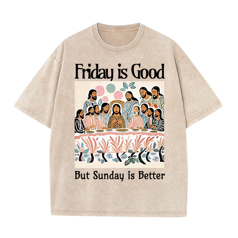 Christianartworkshop – T-Shirt „Friday Is Good“ in bunter Waschung - Aprikose - 5XL - image 2