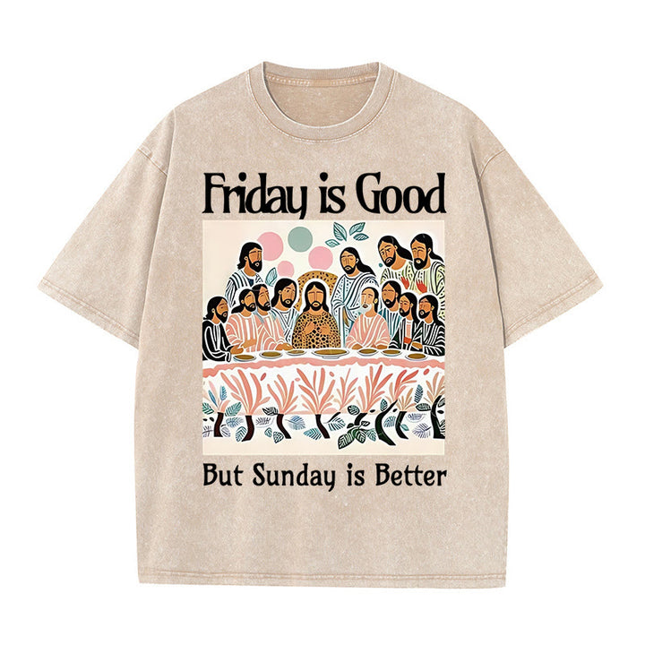 Christianartworkshop – T-Shirt „Friday Is Good“ in bunter Waschung - Aprikose - 5XL - image 2