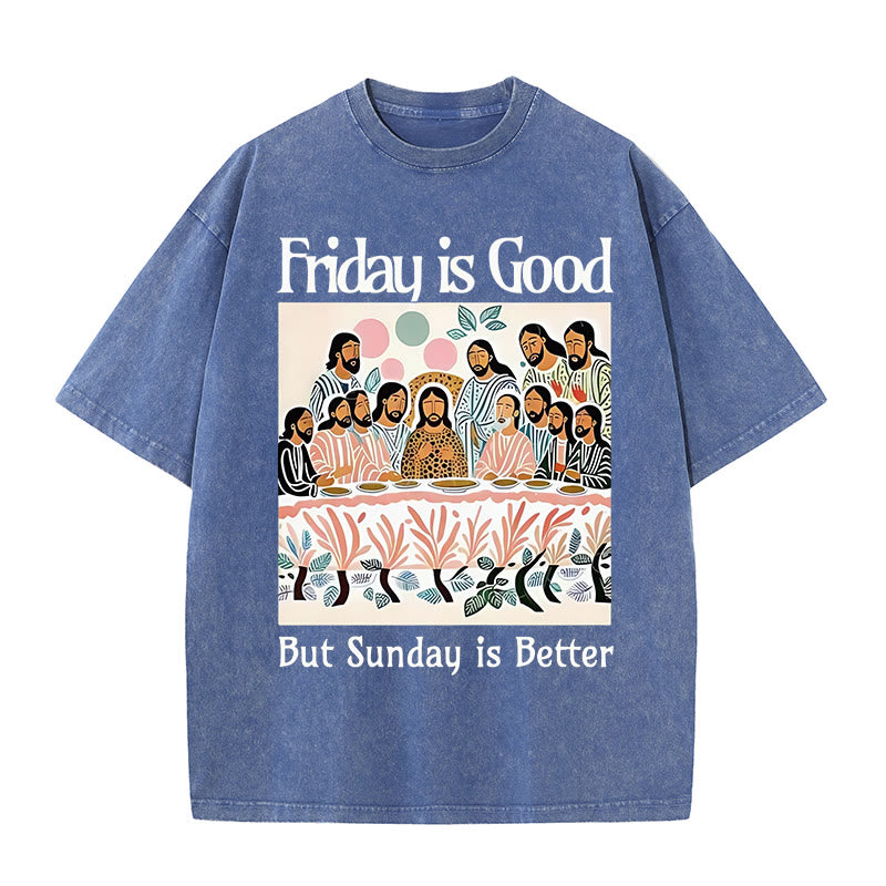 Christianartworkshop – T-Shirt „Friday Is Good“ in bunter Waschung - Blau - 5XL - image 5
