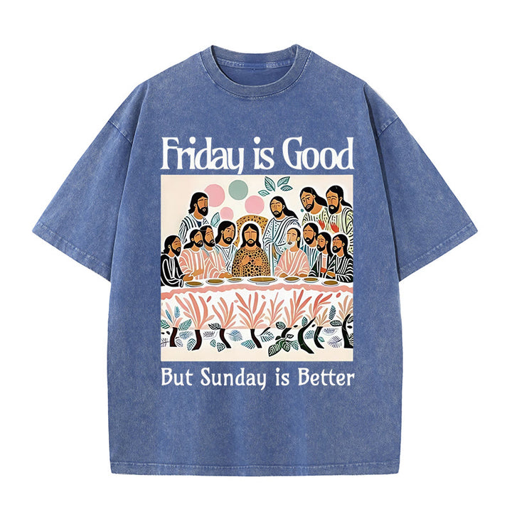 Christianartworkshop – T-Shirt „Friday Is Good“ in bunter Waschung - Blau - 5XL - image 5
