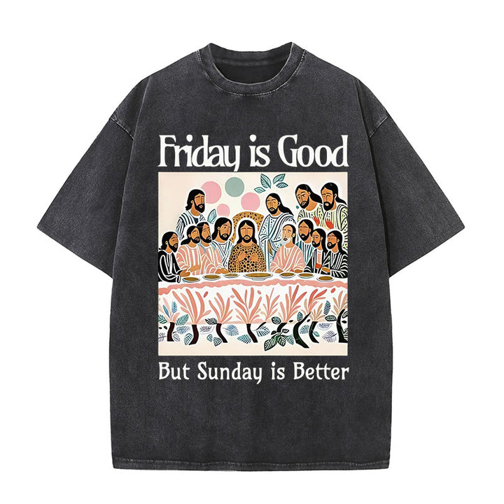 Christianartworkshop – T-Shirt „Friday Is Good“ in bunter Waschung