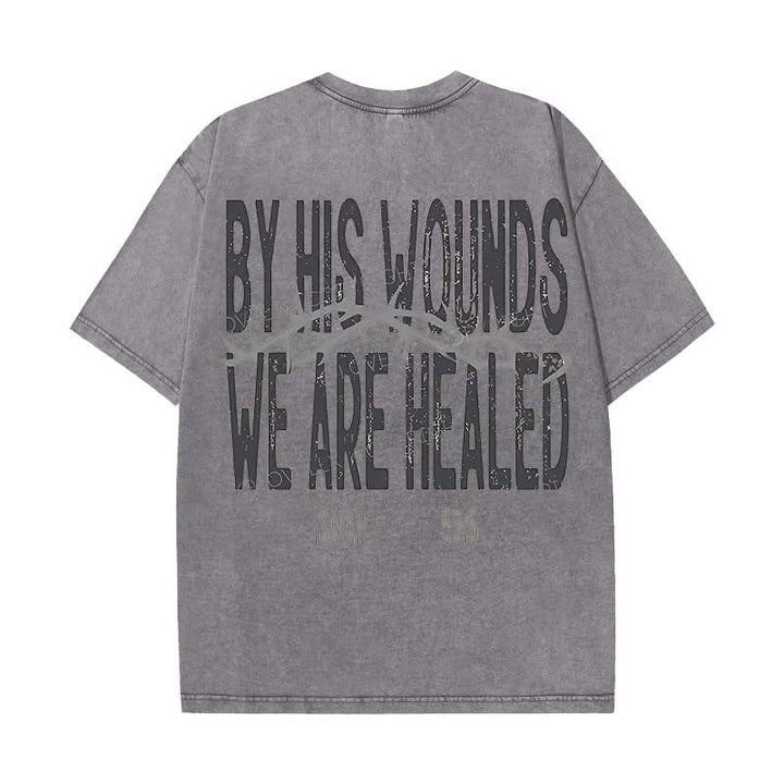 Christianartworkshop Unisex-T-Shirt mit Aufschrift „By His Wounds We Are Healed“, gewaschen