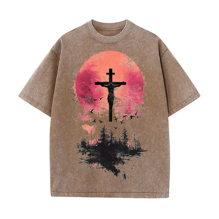 Christianartworkshop Göttliches Kruzifix über Naturlandschaft Unisex gewaschenes T-Shirt