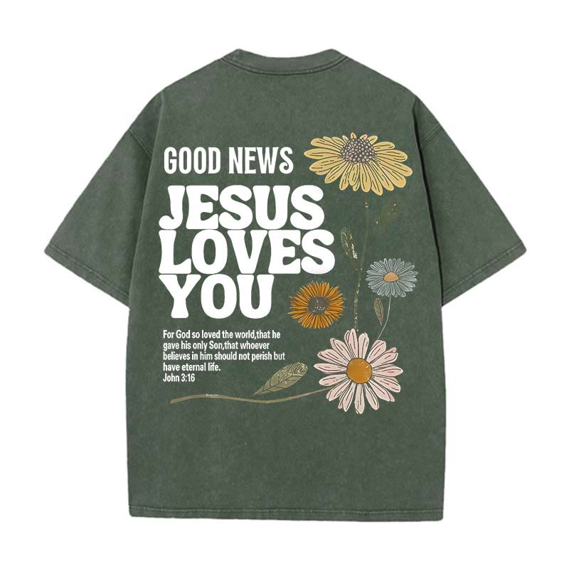 Christianartworkshop Gute Nachricht Jesus liebt dich Unisex gewaschenes T-Shirt - Armeegrün - 5XL - image 9