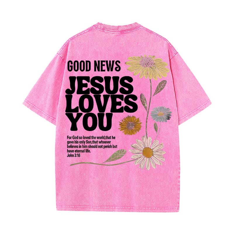 Christianartworkshop Gute Nachricht Jesus liebt dich Unisex gewaschenes T-Shirt - Rosa - 5XL - image 5