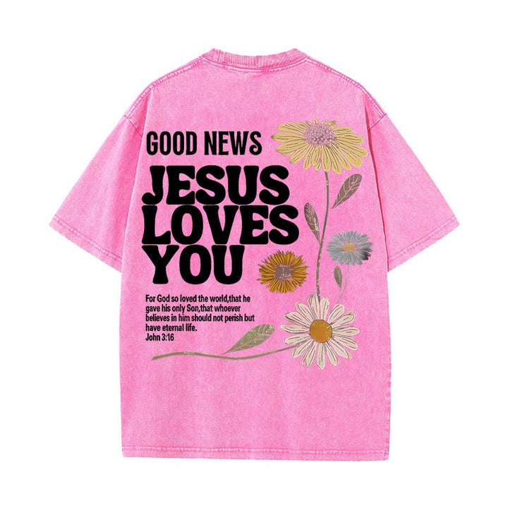 Christianartworkshop Gute Nachricht Jesus liebt dich Unisex gewaschenes T-Shirt - Rosa - 5XL - image 5