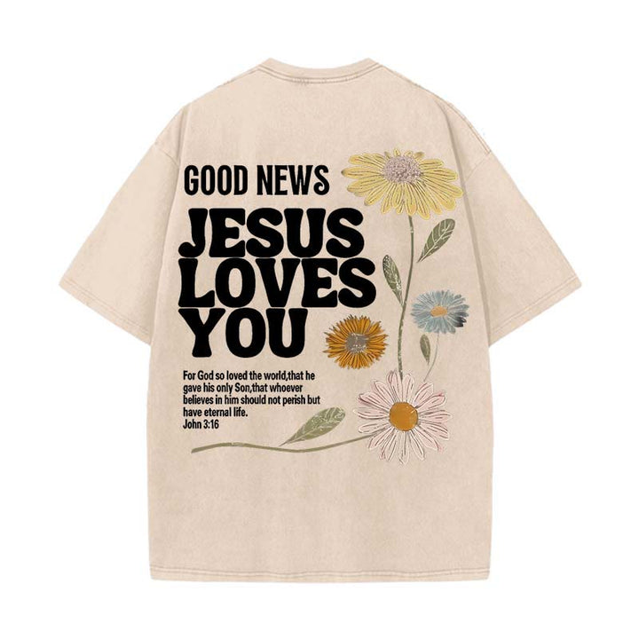 Christianartworkshop Gute Nachricht Jesus liebt dich Unisex gewaschenes T-Shirt - Aprikose - 5XL - image 13