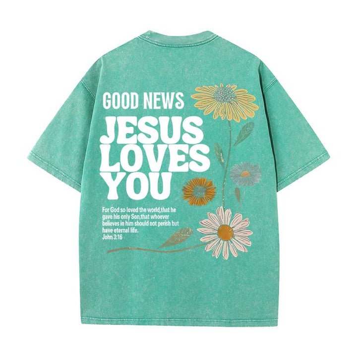 Christianartworkshop Gute Nachricht Jesus liebt dich Unisex gewaschenes T-Shirt - Grün - 5XL - image 7