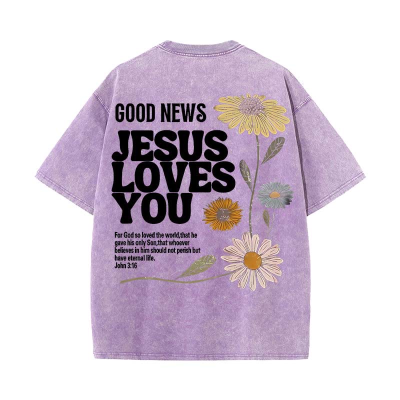 Christianartworkshop Gute Nachricht Jesus liebt dich Unisex gewaschenes T-Shirt - Lila - 5XL - image 0