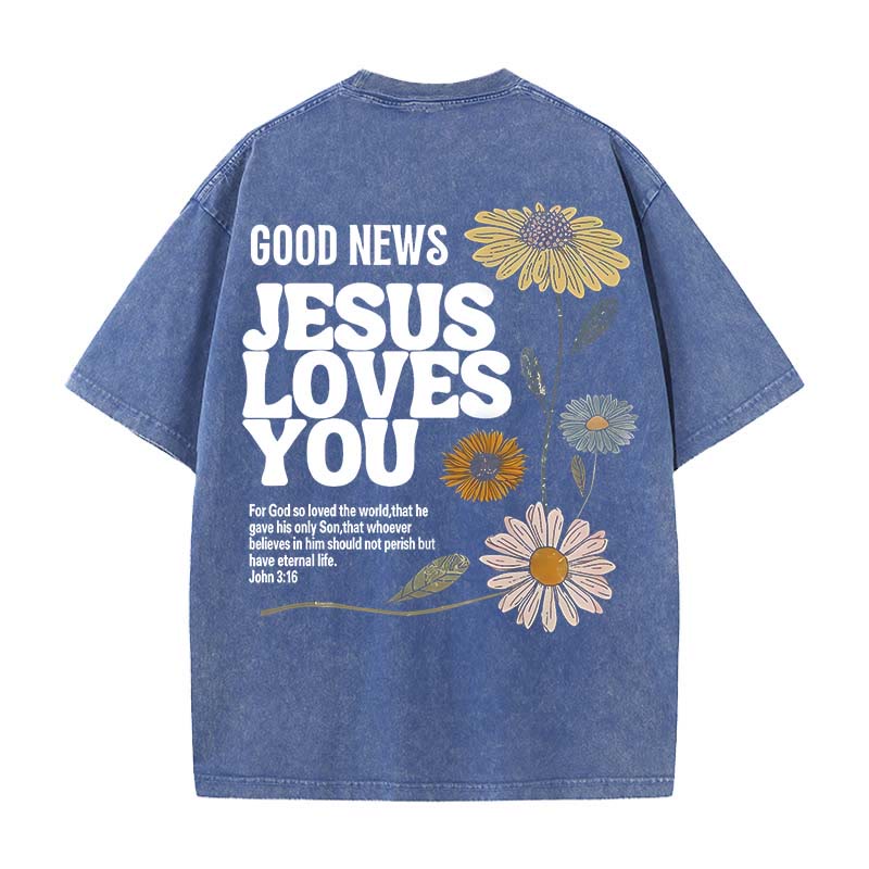 Christianartworkshop Gute Nachricht Jesus liebt dich Unisex gewaschenes T-Shirt - Blau - 5XL - image 3