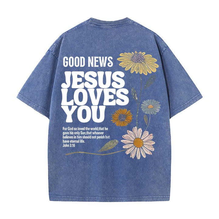 Christianartworkshop Gute Nachricht Jesus liebt dich Unisex gewaschenes T-Shirt - Blau - 5XL - image 3