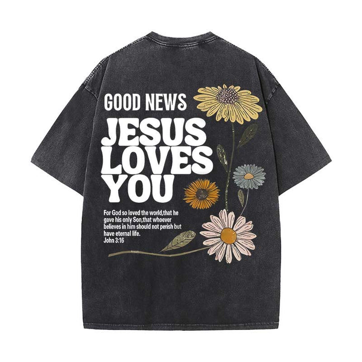 Christianartworkshop Gute Nachricht Jesus liebt dich Unisex gewaschenes T-Shirt
