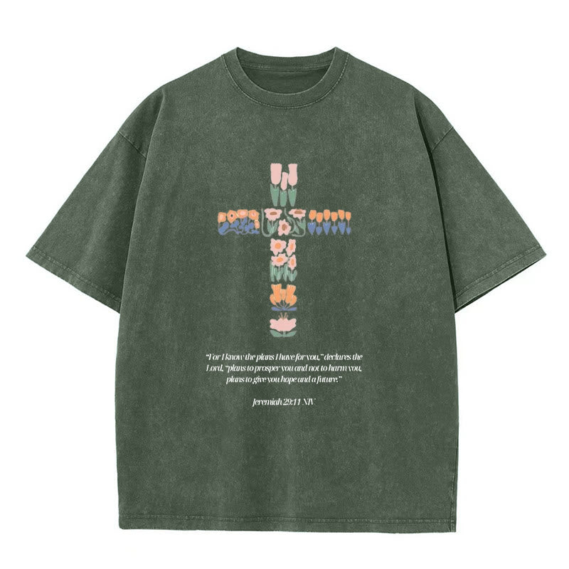 Christianartworkshop Florales Kreuz mit Jeremias-Vers, gewaschenes Unisex-T-Shirt - Armeegrün - 5XL - image 3