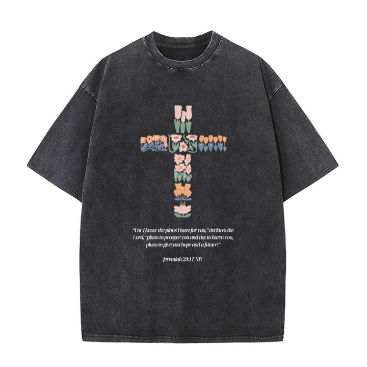 Christianartworkshop Florales Kreuz mit Jeremias-Vers, gewaschenes Unisex-T-Shirt