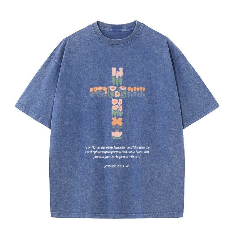 Christianartworkshop Florales Kreuz mit Jeremias-Vers, gewaschenes Unisex-T-Shirt - Blau - 5XL - image 8