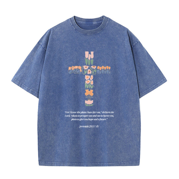 Christianartworkshop Florales Kreuz mit Jeremias-Vers, gewaschenes Unisex-T-Shirt - Blau - 5XL - image 8
