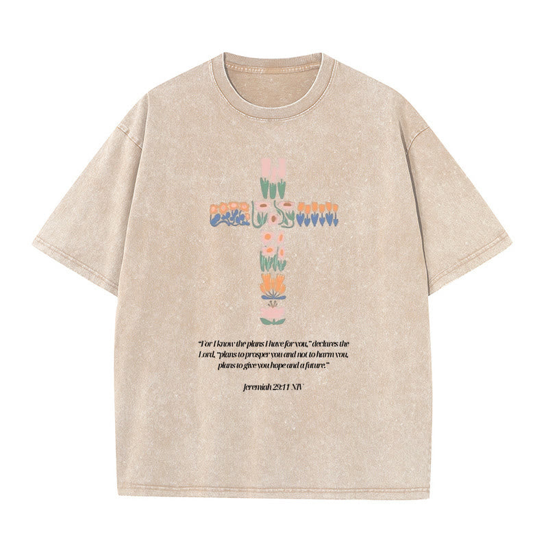 Christianartworkshop Florales Kreuz mit Jeremias-Vers, gewaschenes Unisex-T-Shirt
