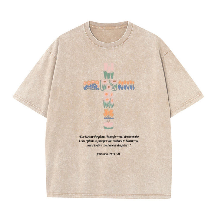 Christianartworkshop Florales Kreuz mit Jeremias-Vers, gewaschenes Unisex-T-Shirt