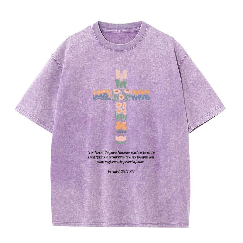 Christianartworkshop Florales Kreuz mit Jeremias-Vers, gewaschenes Unisex-T-Shirt - Lila - 5XL - image 6