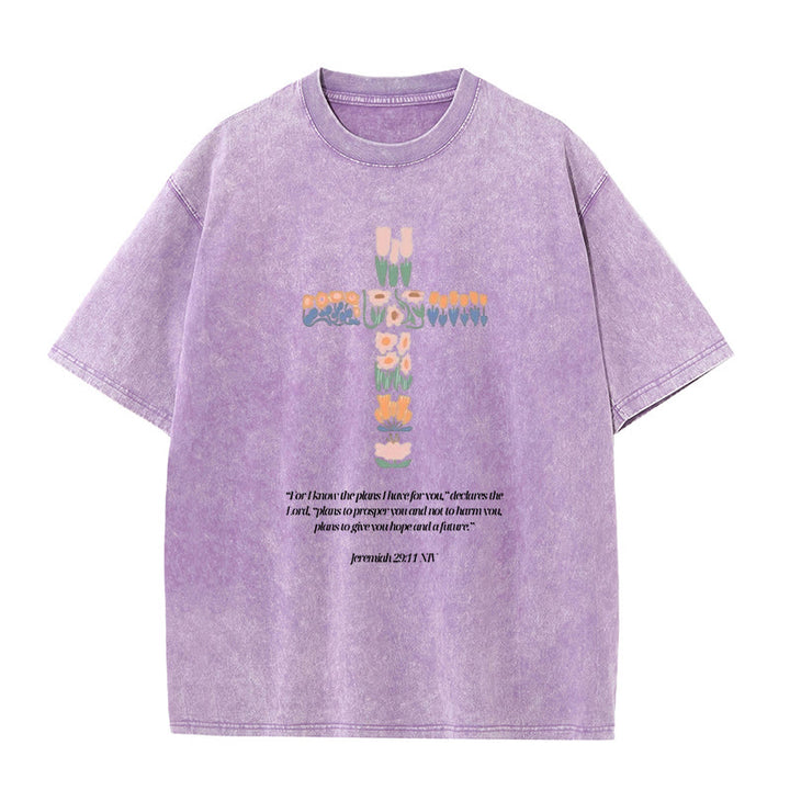 Christianartworkshop Florales Kreuz mit Jeremias-Vers, gewaschenes Unisex-T-Shirt - Lila - 5XL - image 6