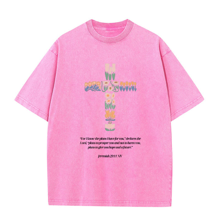 Christianartworkshop Florales Kreuz mit Jeremias-Vers, gewaschenes Unisex-T-Shirt