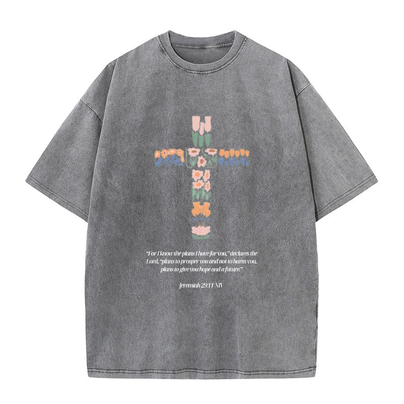 Christianartworkshop Florales Kreuz mit Jeremias-Vers, gewaschenes Unisex-T-Shirt