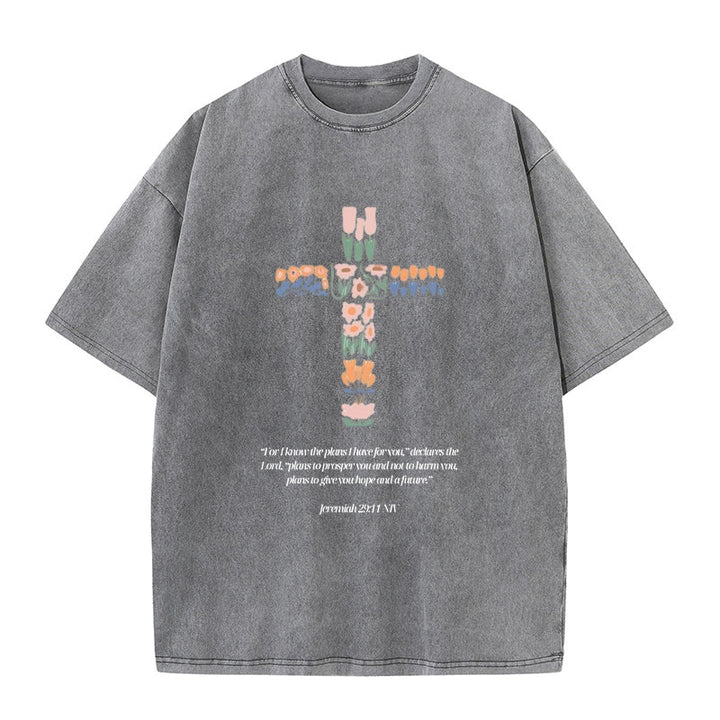 Christianartworkshop Florales Kreuz mit Jeremias-Vers, gewaschenes Unisex-T-Shirt
