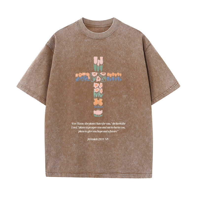 Christianartworkshop Florales Kreuz mit Jeremias-Vers, gewaschenes Unisex-T-Shirt