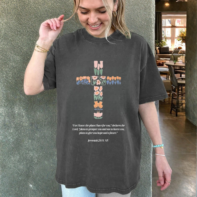 Christianartworkshop Florales Kreuz mit Jeremias-Vers, gewaschenes Unisex-T-Shirt
