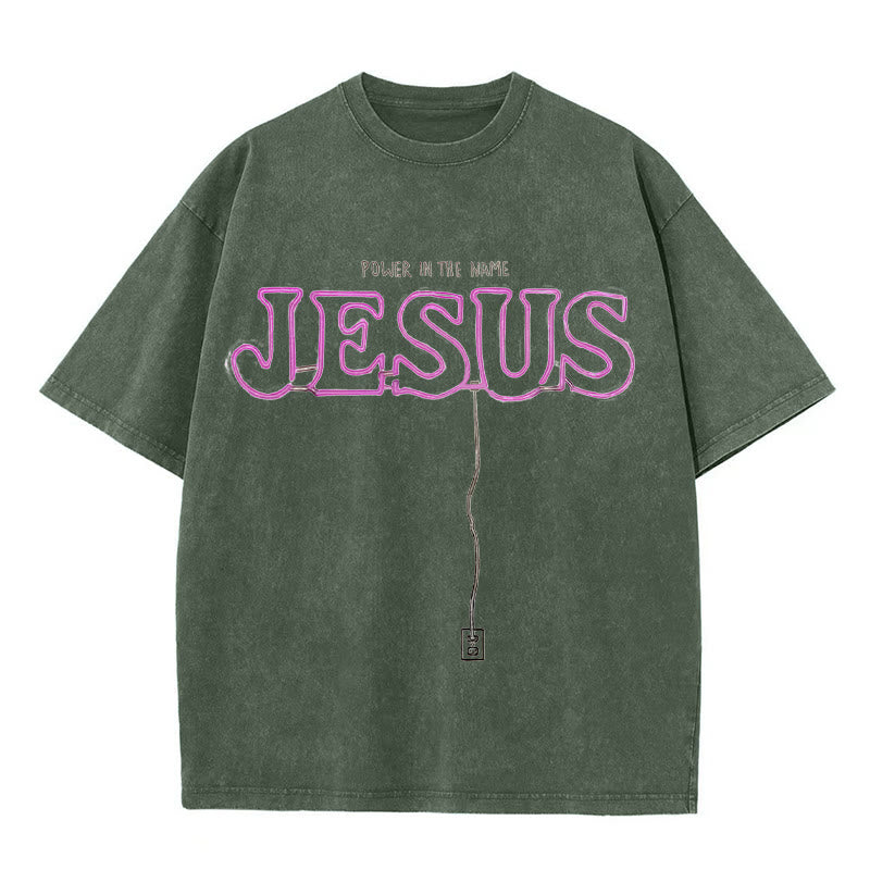 Christianartworkshop Kraft im Namen Jesus Unisex gewaschenes T-Shirt - Armeegrün - 5XL - image 3
