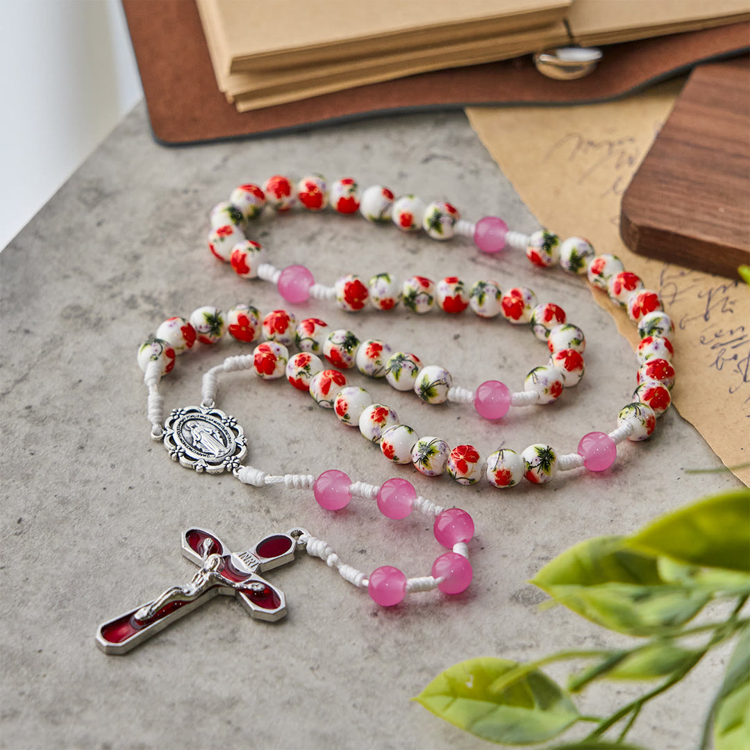 Christianartworkshop Rosenkranz mit runden Blumenperlen, 8 mm, mit Wundertätiger Medaille und rotem Emaille-Kruzifix