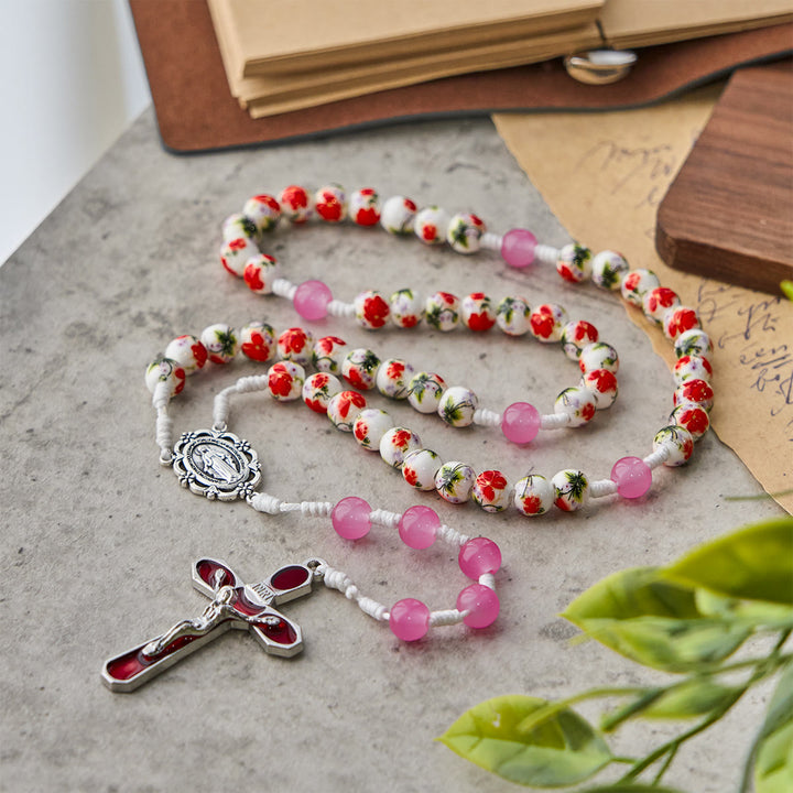 Christianartworkshop Rosenkranz mit runden Blumenperlen, 8 mm, mit Wundertätiger Medaille und rotem Emaille-Kruzifix