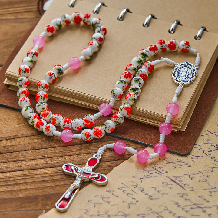 Christianartworkshop Rosenkranz mit runden Blumenperlen, 8 mm, mit Wundertätiger Medaille und rotem Emaille-Kruzifix
