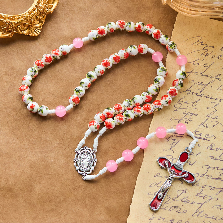 Christianartworkshop Rosenkranz mit runden Blumenperlen, 8 mm, mit Wundertätiger Medaille und rotem Emaille-Kruzifix