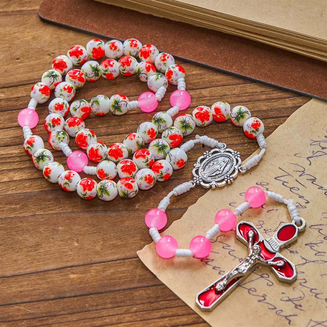 Christianartworkshop Rosenkranz mit runden Blumenperlen, 8 mm, mit Wundertätiger Medaille und rotem Emaille-Kruzifix