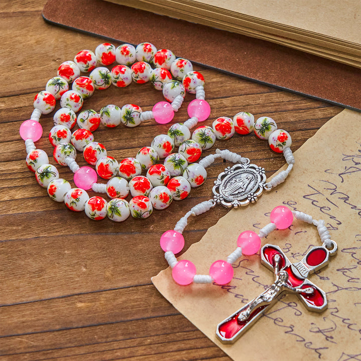 Christianartworkshop Rosenkranz mit runden Blumenperlen, 8 mm, mit Wundertätiger Medaille und rotem Emaille-Kruzifix