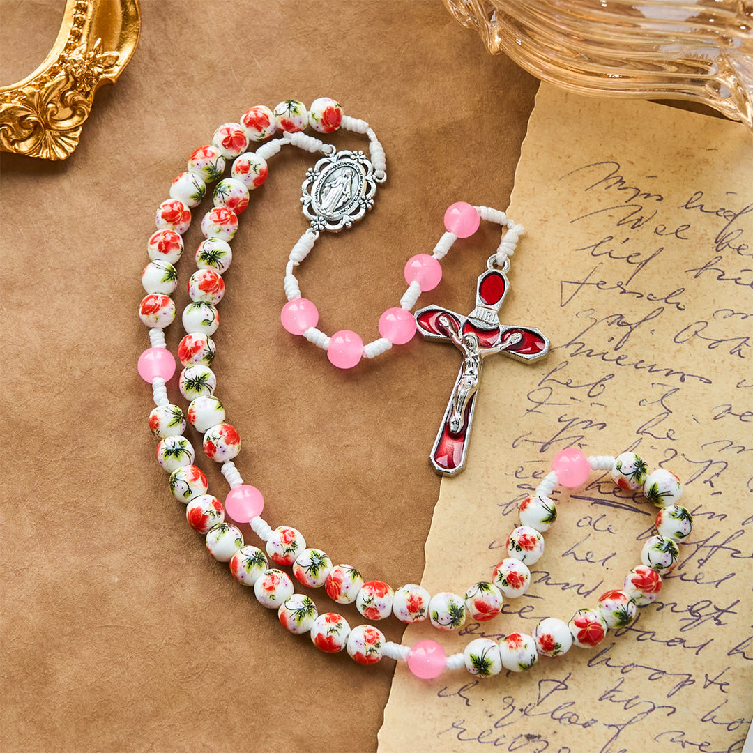 Christianartworkshop Rosenkranz mit runden Blumenperlen, 8 mm, mit Wundertätiger Medaille und rotem Emaille-Kruzifix