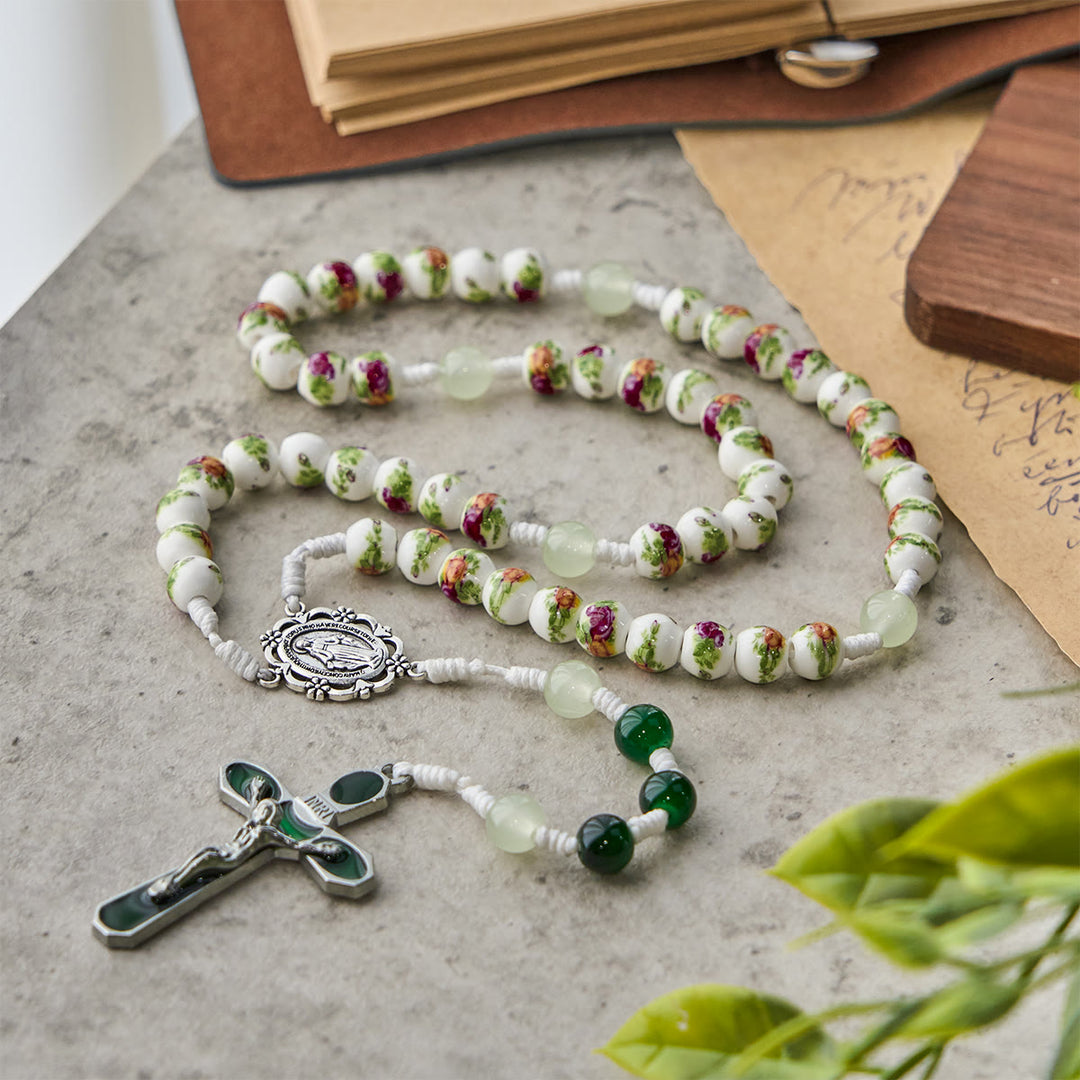 Christianartworkshop Handgefertigter Rosenkranz mit Blumenmuster und wundertätiger Medaille und grünem Emaille-Kruzifix