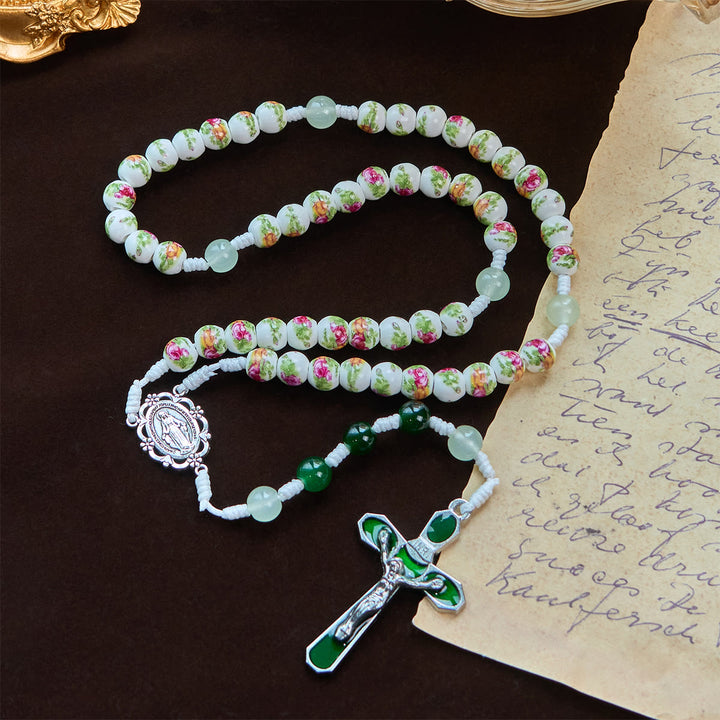 Christianartworkshop Handgefertigter Rosenkranz mit Blumenmuster und wundertätiger Medaille und grünem Emaille-Kruzifix