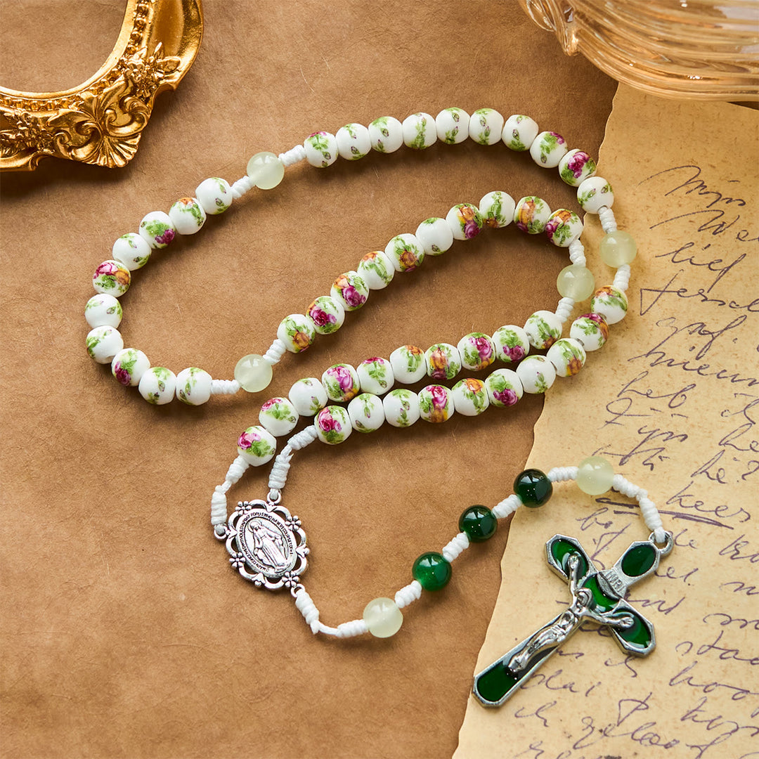 Christianartworkshop Handgefertigter Rosenkranz mit Blumenmuster und wundertätiger Medaille und grünem Emaille-Kruzifix