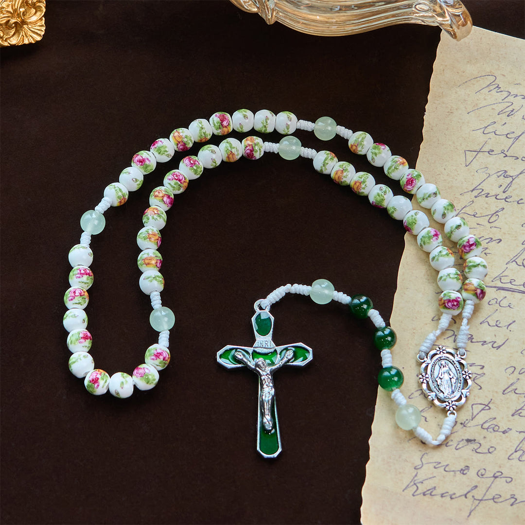 Christianartworkshop Handgefertigter Rosenkranz mit Blumenmuster und wundertätiger Medaille und grünem Emaille-Kruzifix
