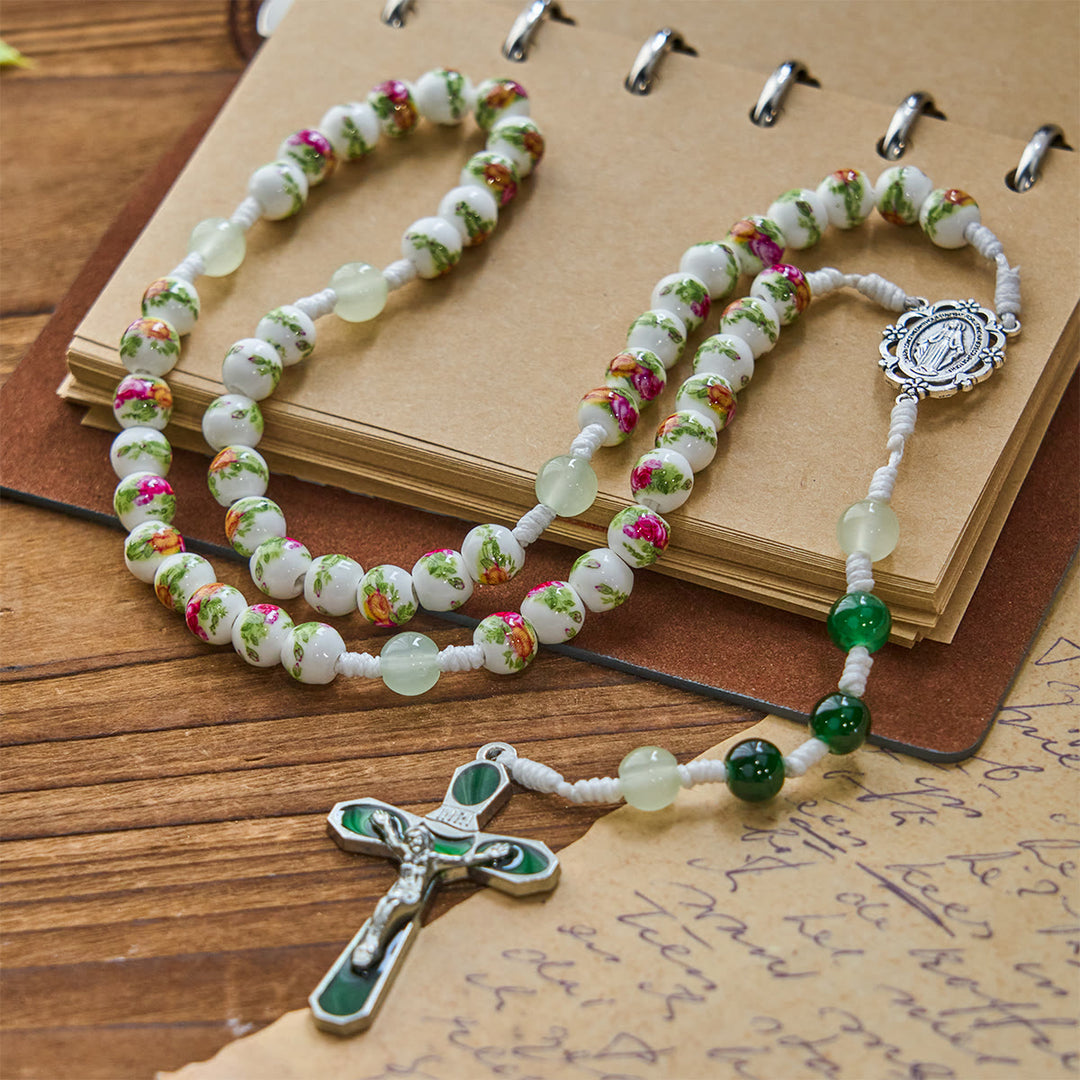 Christianartworkshop Handgefertigter Rosenkranz mit Blumenmuster und wundertätiger Medaille und grünem Emaille-Kruzifix